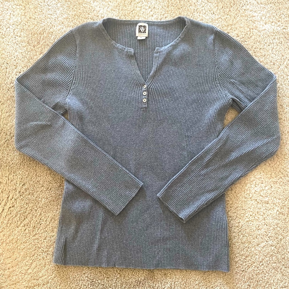 Anne Klein cotton shirt gray long sleeve ribbed Henley